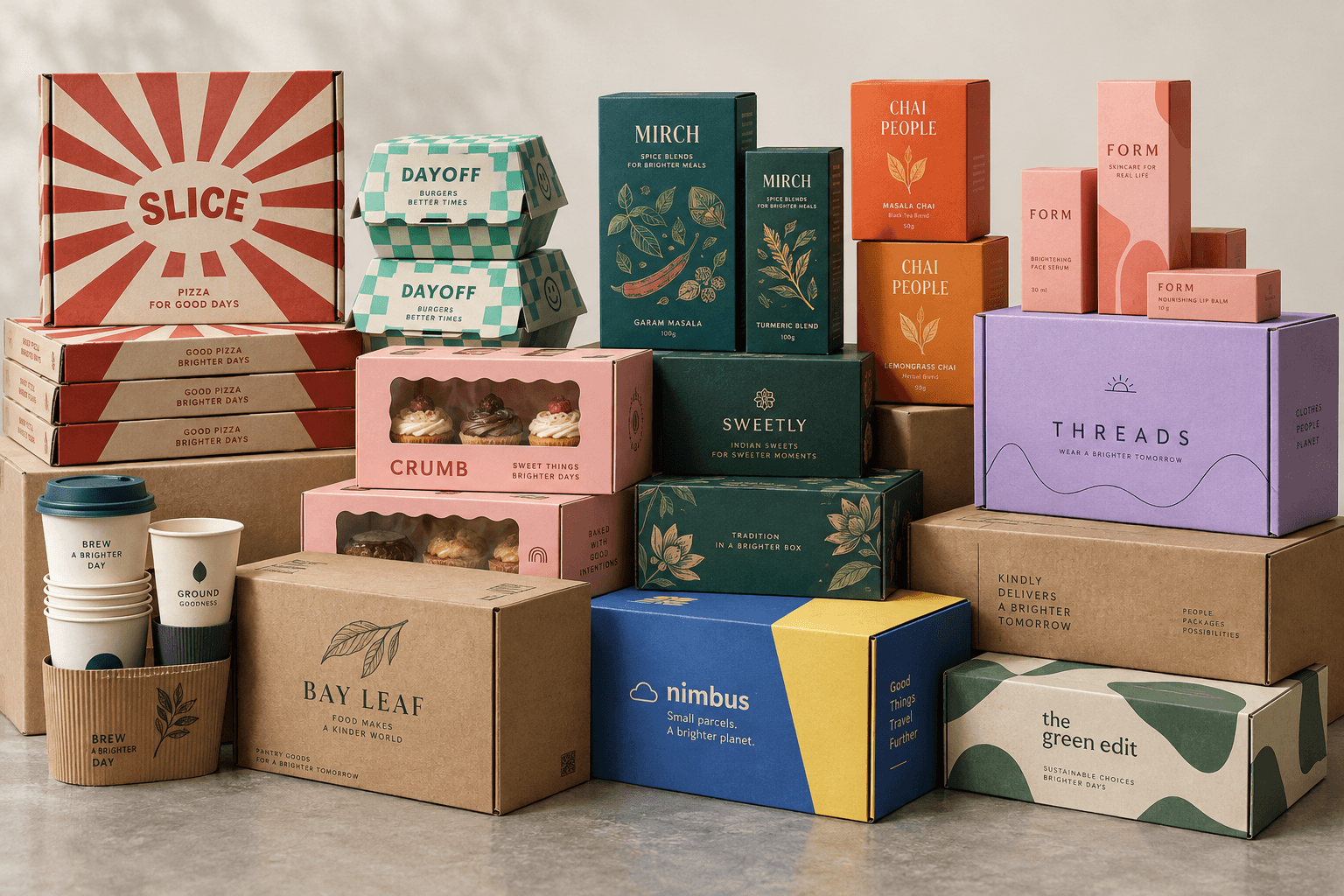 Colourful custom pizza, burger, masala, bakery and e-commerce packaging in different brand designs